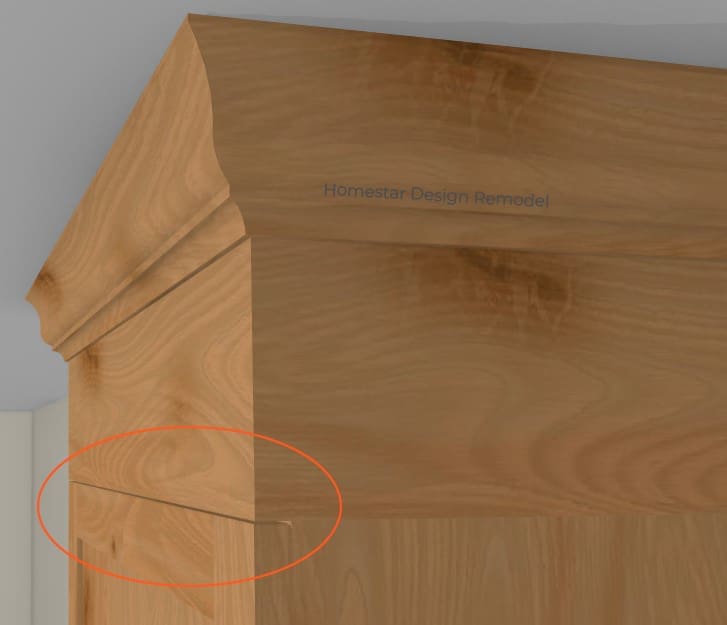 Brown cabinetry diagram showing how riser molding is flush with the cabinet door.