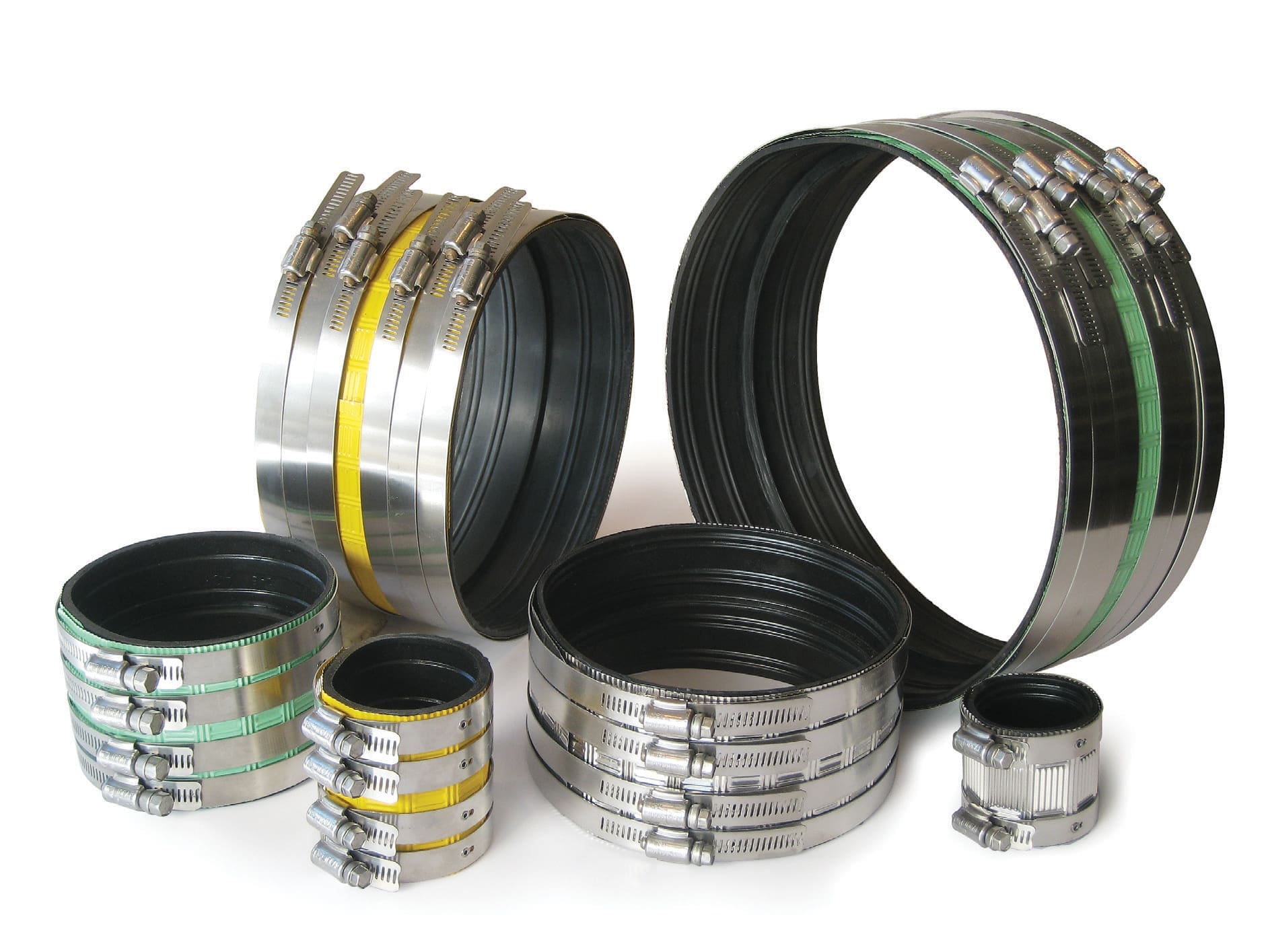 A collection of Fernco no-hub shielded couplings, used for plumbing.